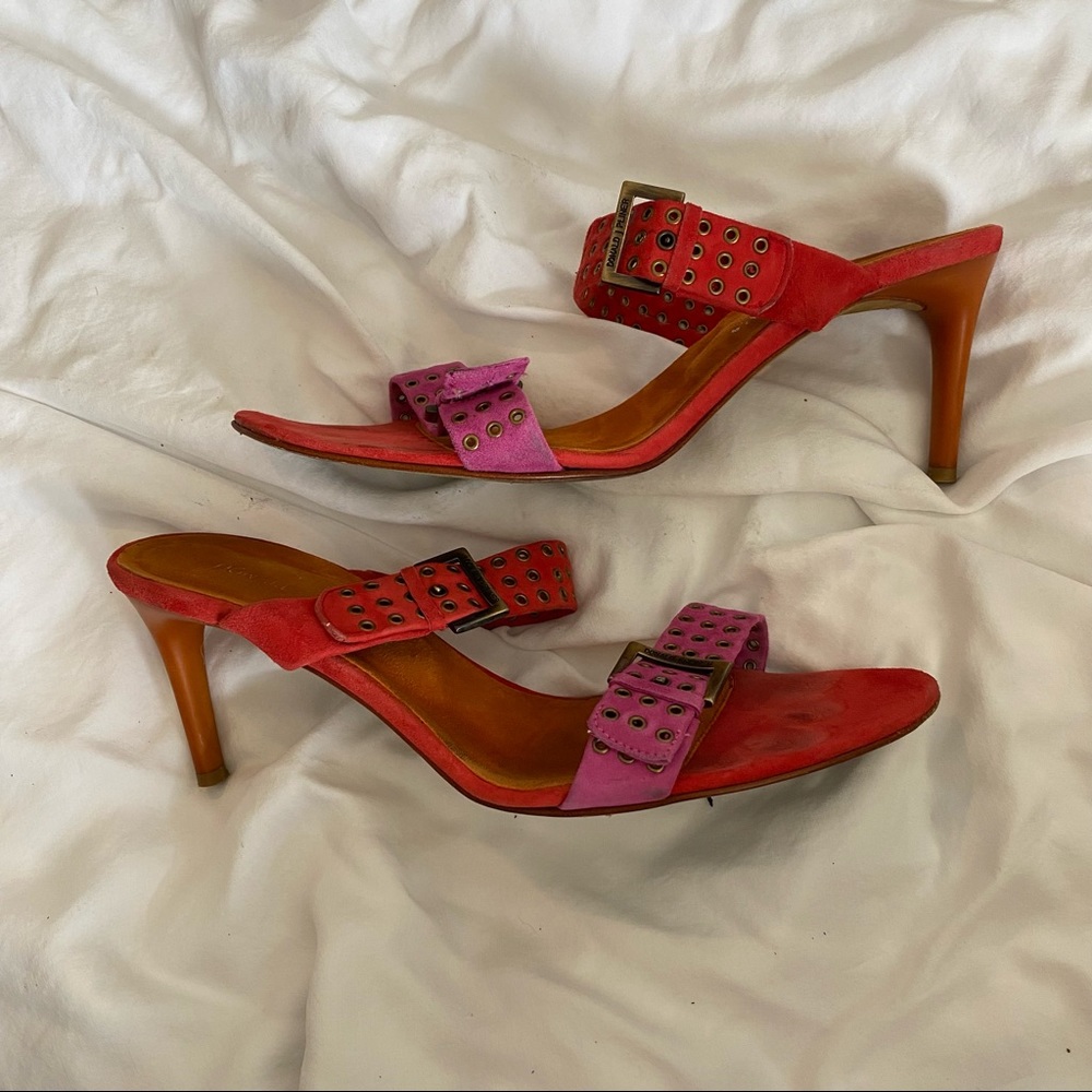 Donald Pliner Couture Fuschia/Cinnamon Suede Buckled Heels